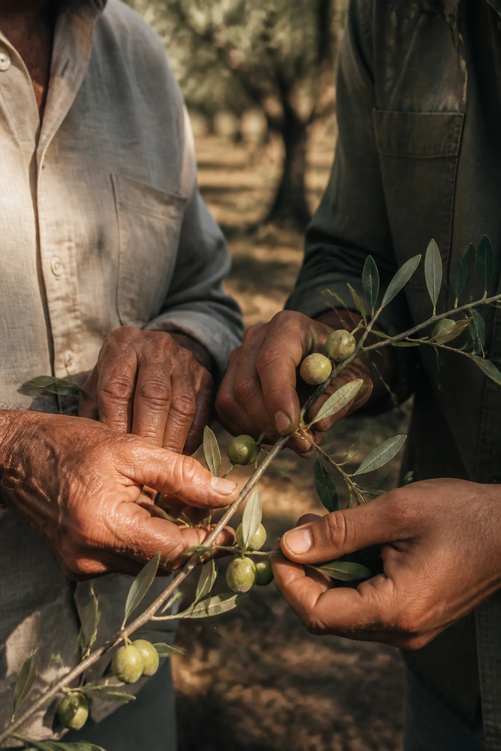 Le mani di un agricoltore anziano e di uno giovane osservano insieme un ramo d'ulivo