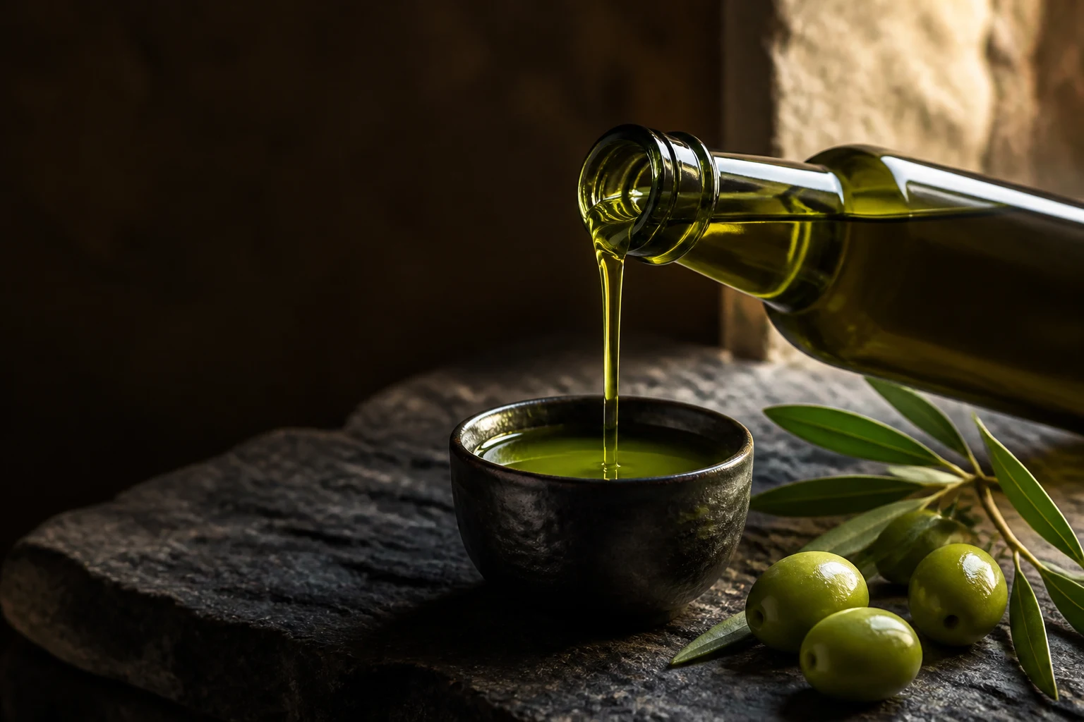 Olio extravergine verde appena versato in una ciotola da assaggio