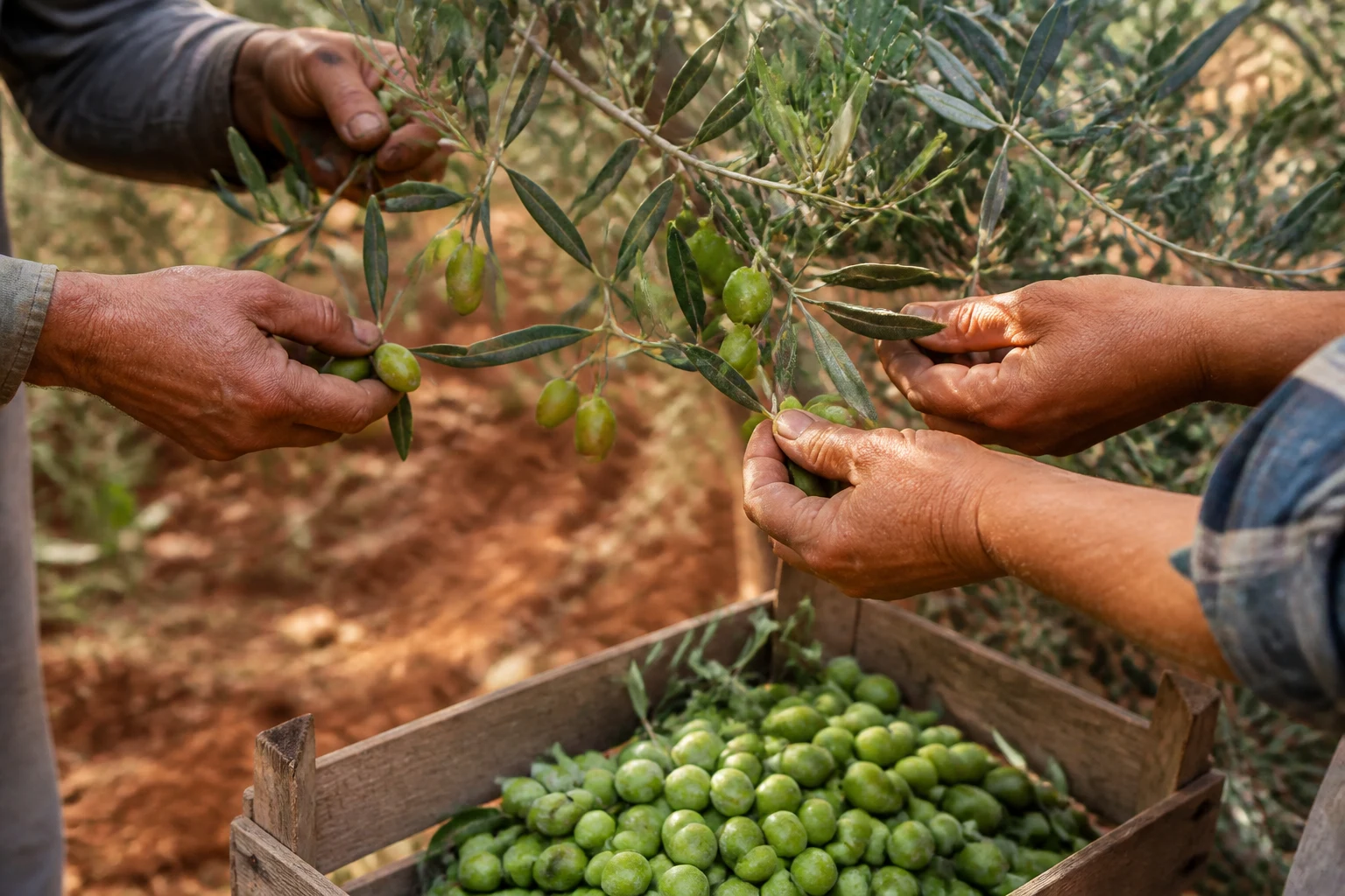 Raccolta manuale di olive Nocellara del Belice in un uliveto siciliano